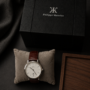 Philippe Maurice minimalist white dial dress watch with brown leather strap