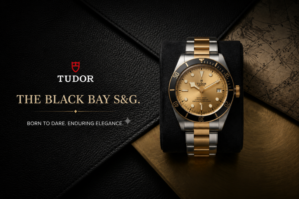 Tudor Black Bay S&G luxury Swiss watch with champagne dial, stainless steel and yellow gold bracelet, displayed on a premium black leather background.